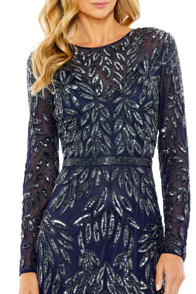 Long Sleeve Illusion Neckline Embellished Gown, Alternate, color, MIDNIGHT