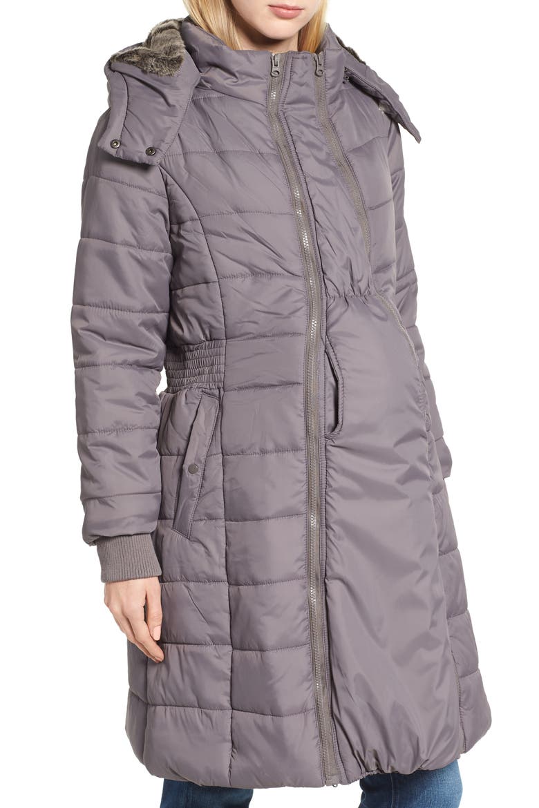 Madison Quilted 3-in-1 Maternity Puffer Coat with Faux Fur Trim, Main, color, GREY