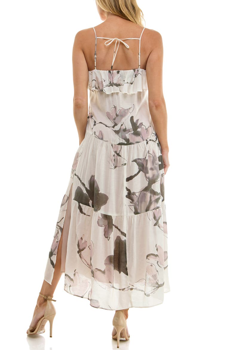 Ruffle Floral Midi Dress, Alternate, color, IVORY GREY BROWN