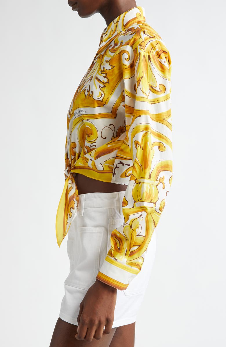 Dolce&Gabbana Majolica Tie Hem Cotton Button-Up Shirt, Alternate, color, Mix Maiolica Giall