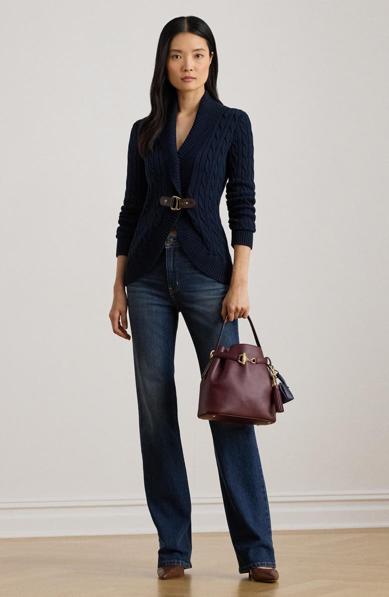 Lauren Ralph Lauren Buckle Cable Stitch Cotton Cardigan, Alternate, color, Lauren Navy