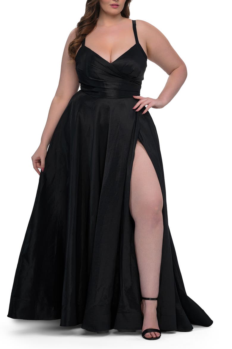 Simple A-line Mikado Plus Dress with Slit, Alternate, color, Black