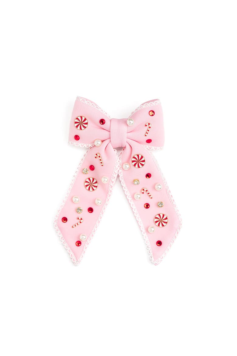 Candy Cane Christmas Gemstone Bow Clip, Main, color, Soft Pink