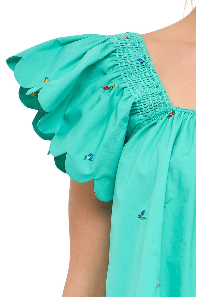 Floral Embroidered Scallop Trim Cotton Top, Alternate, color, EMERALD