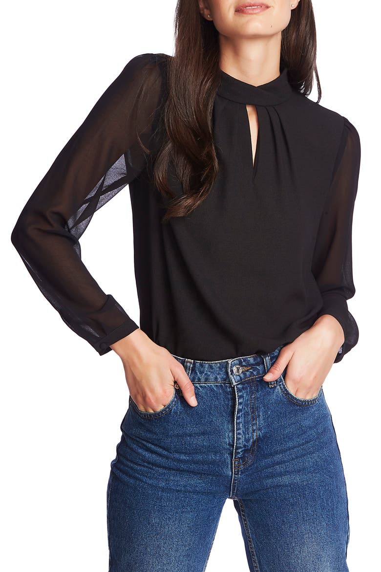 Keyhole Neck Sheer Sleeve Blouse, Main, color, RICH BLACK