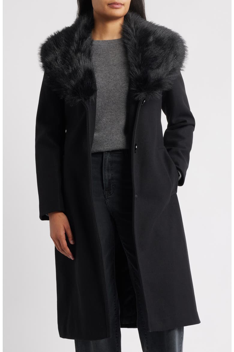 Belted Faux Fur Collared Coat, Alternate, color, BLACK