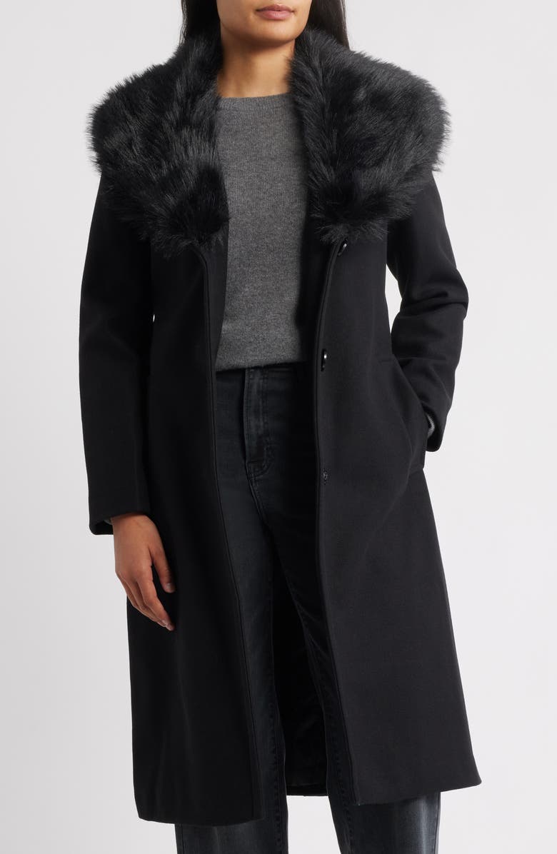 Sam Edelman Belted Faux Fur Collared Coat, Alternate, color, Black