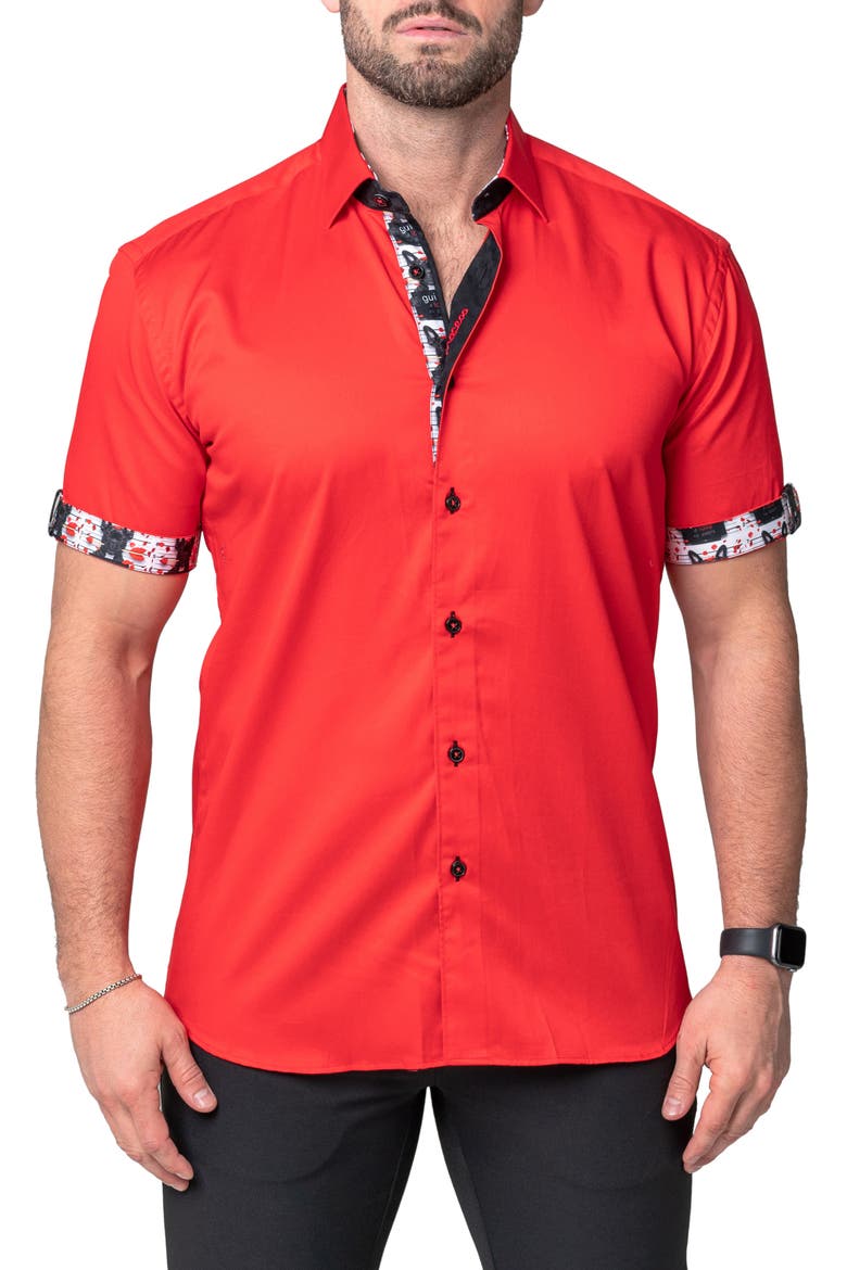 Galileo Modern Red Short Sleeve Contemporary Fit Button-Up Shirt, Main, color, RED