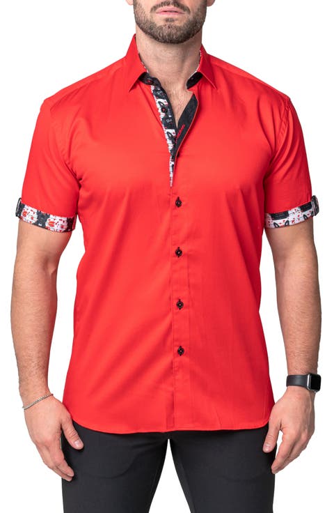 Galileo Modern Red Short Sleeve Contemporary Fit Button-Up Shirt