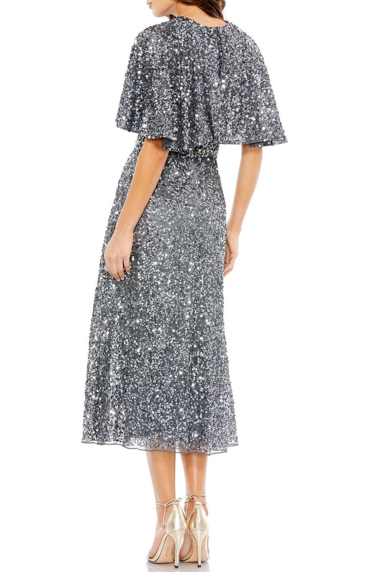 Embellished Cape High Neck Midi Dress, Alternate, color, CHARCOAL