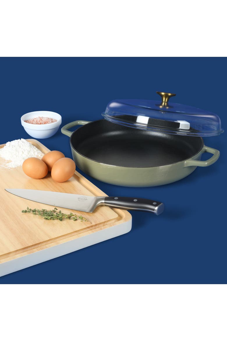 Enameled Cast Iron 7-in-1 Multipurpose Braiser Pan with Borosilicate Glass Lid, Alternate, color, Green