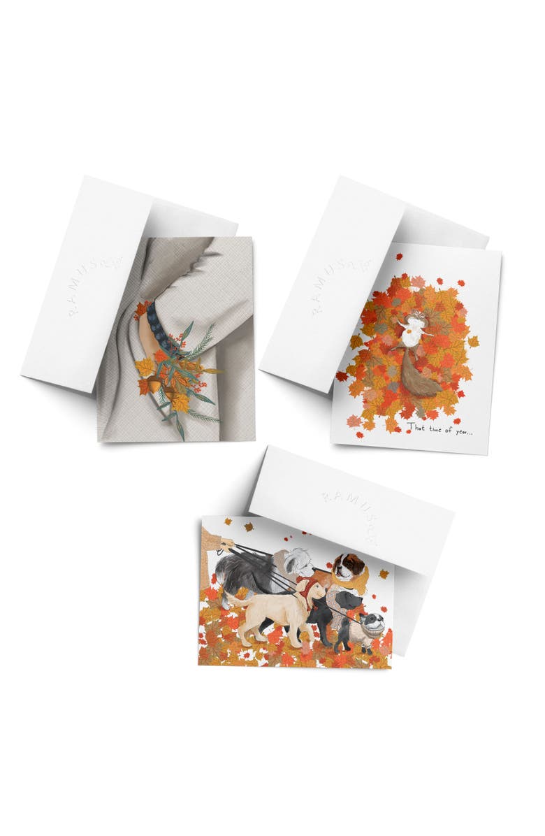 Ramus & Co Fall Pocket Flowers, Fall Dog Walk, Chipmunk Fall/Autumn Greeting Card Pack Sets, Main, color, 