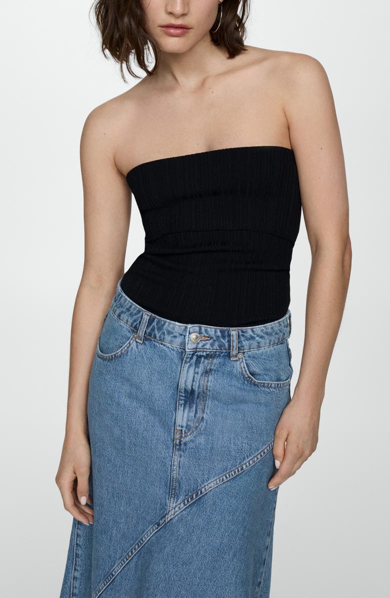 MANGO Asymmetric Raw Hem Denim Midi Skirt, Alternate, color,