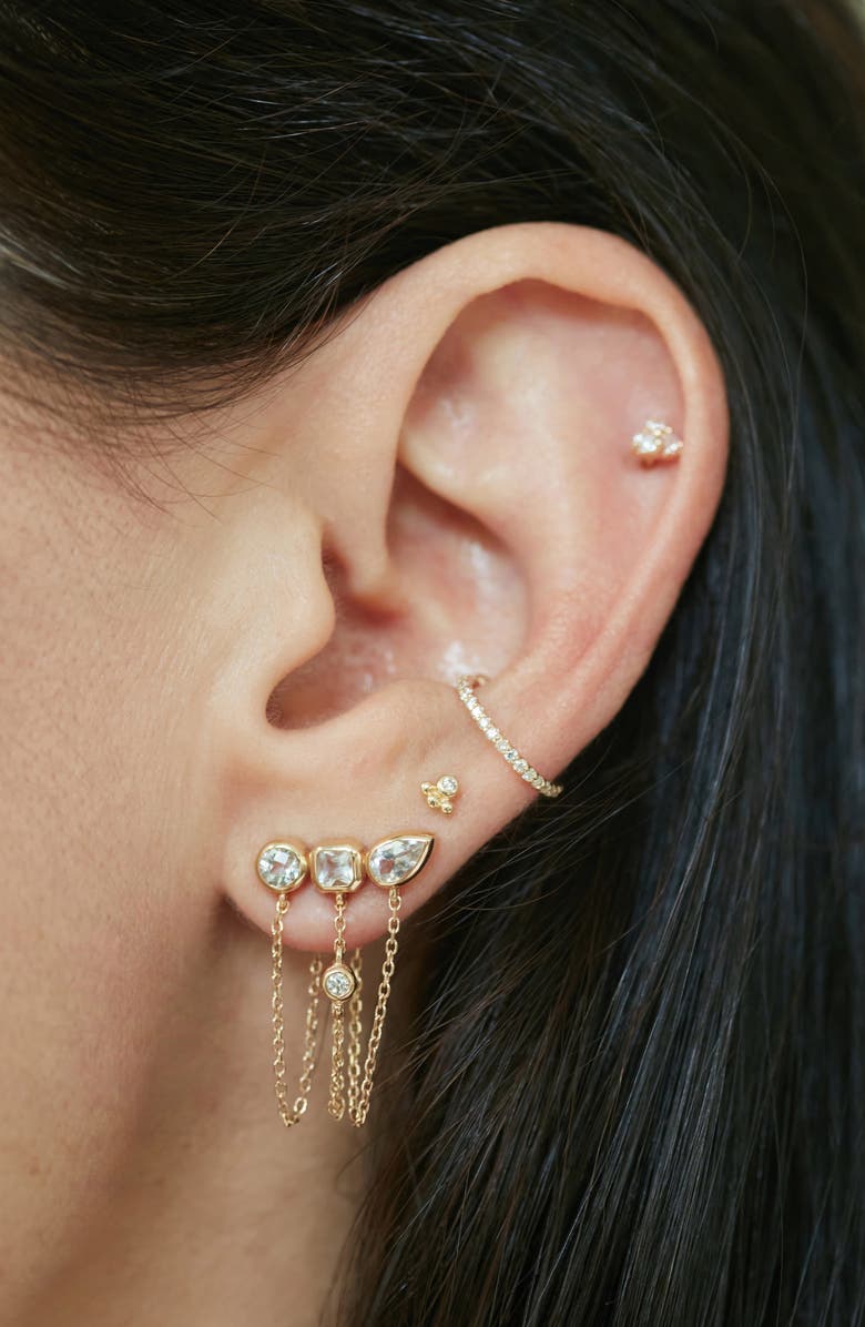 Anzie Cléo Diamond & White Topaz Triple Chain Drop Front/Back Earrings, Alternate, color, Yellow Gold