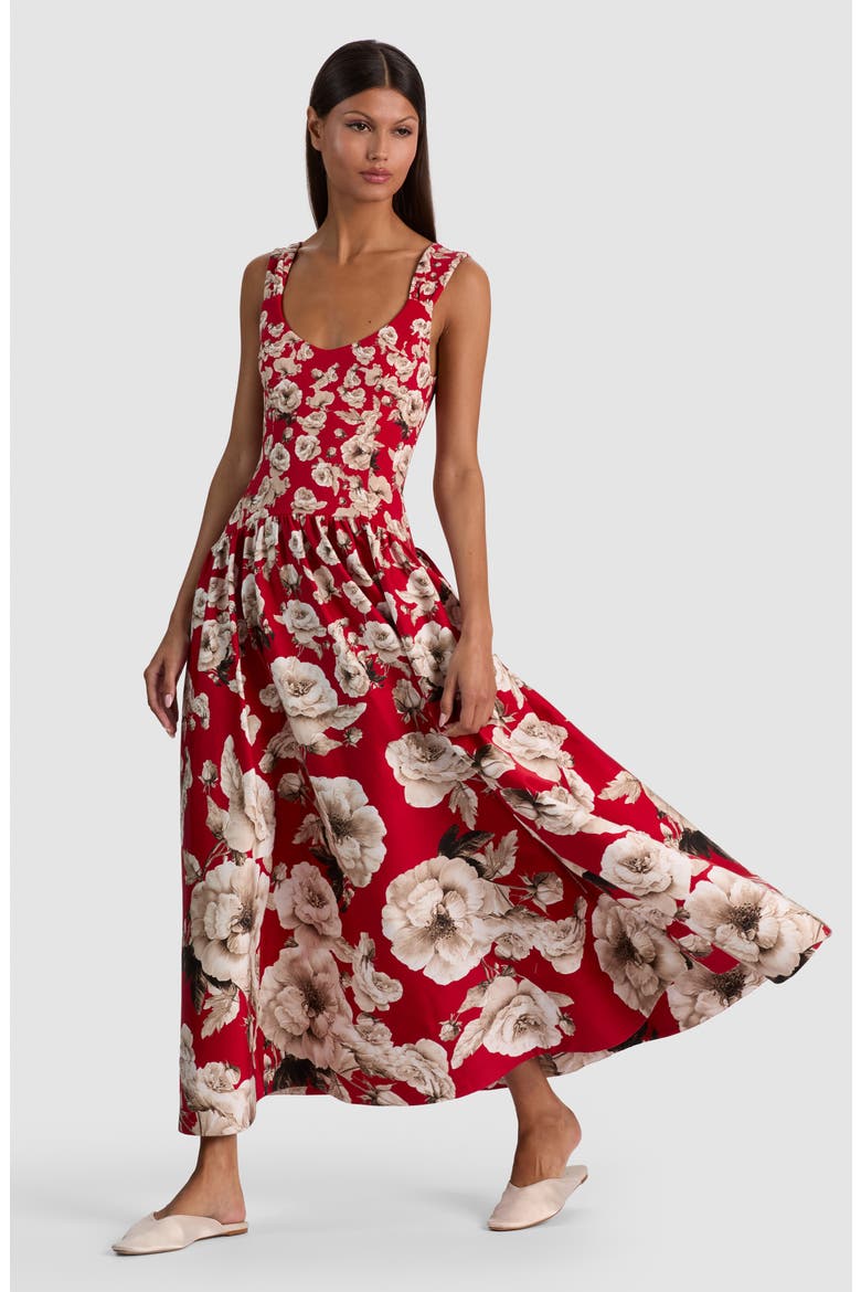 Oriana Floral Cotton Blend Midi Dress, Alternate, color, ROSE GARDEN HIBISCUS