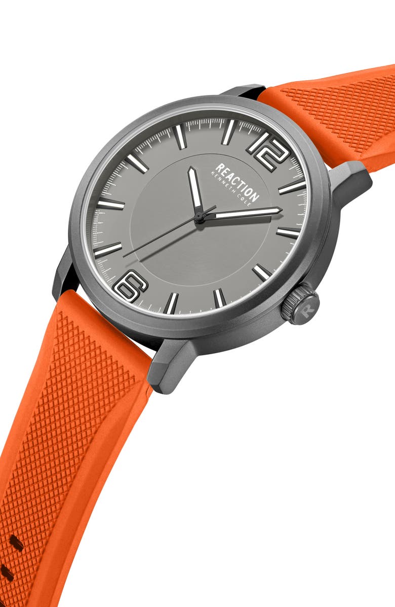 Kenneth Cole Reaction Classic Black Silicone Strap Watch, 44mm, Alternate, color, Grey/ Orange