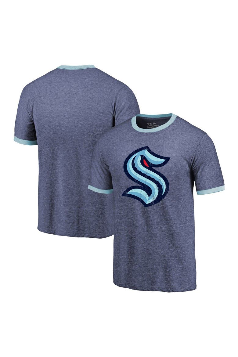 Men's Majestic Threads Heathered Deep Sea Blue Seattle Kraken Ringer Contrast Tri-Blend T-Shirt, Main, color, Navy