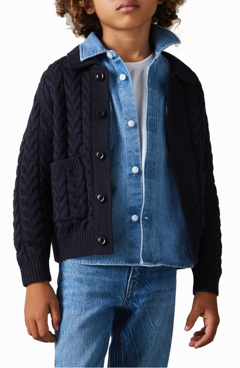 Reiss Kids' Fleet Jr. Cable Knit Cardigan, Alternate, color, 