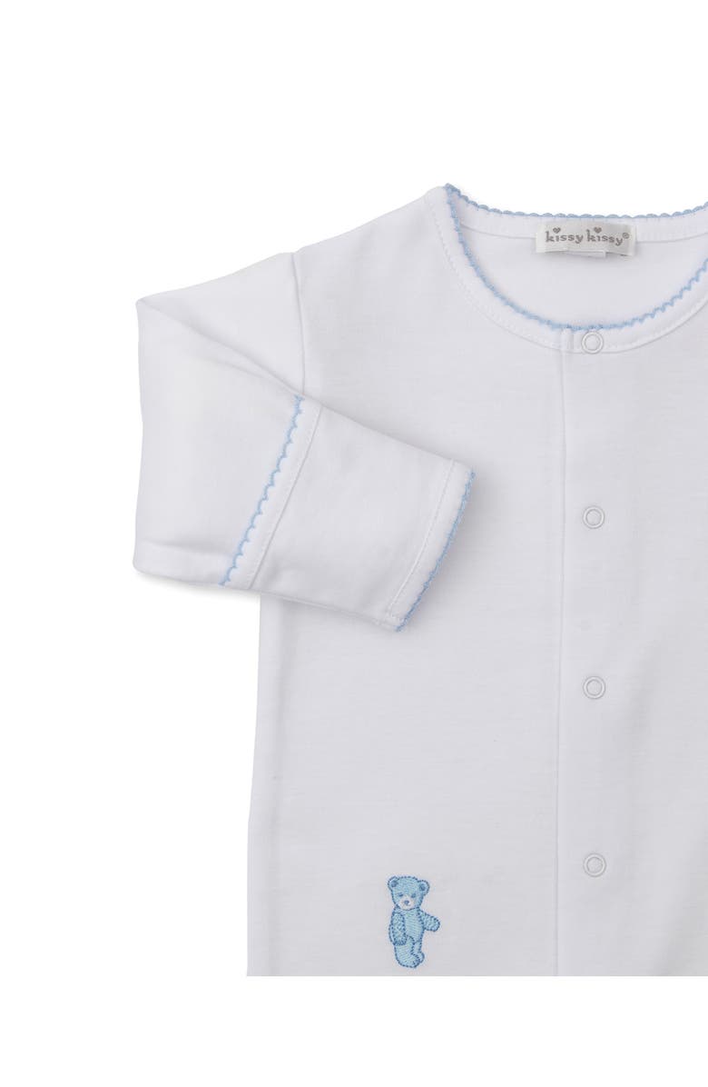 Kissy Kissy Teddy Bear Embroidered Pima Cotton Footie & Hat Set, Alternate, color, White/ Blue