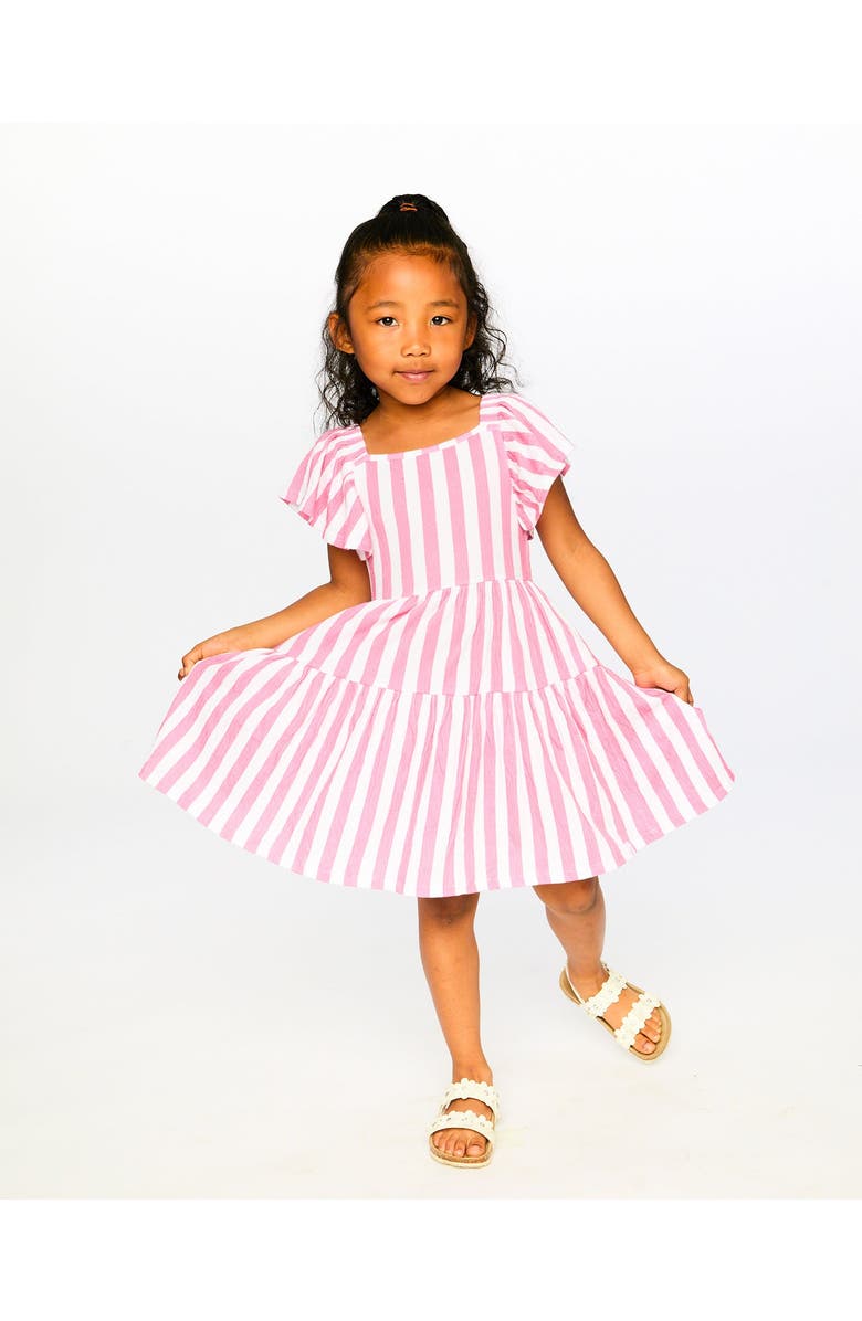 Deux par Deux Short Sleeve Crinkle Jersey Stripes Dress, Alternate, color, White & Pink Stripes