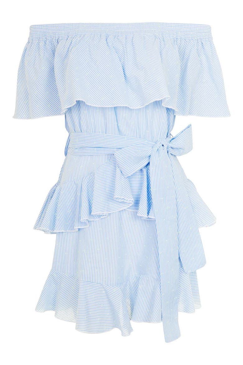 Bardot Ruffle Stripe Dress, Alternate, color, LIGHT BLUE