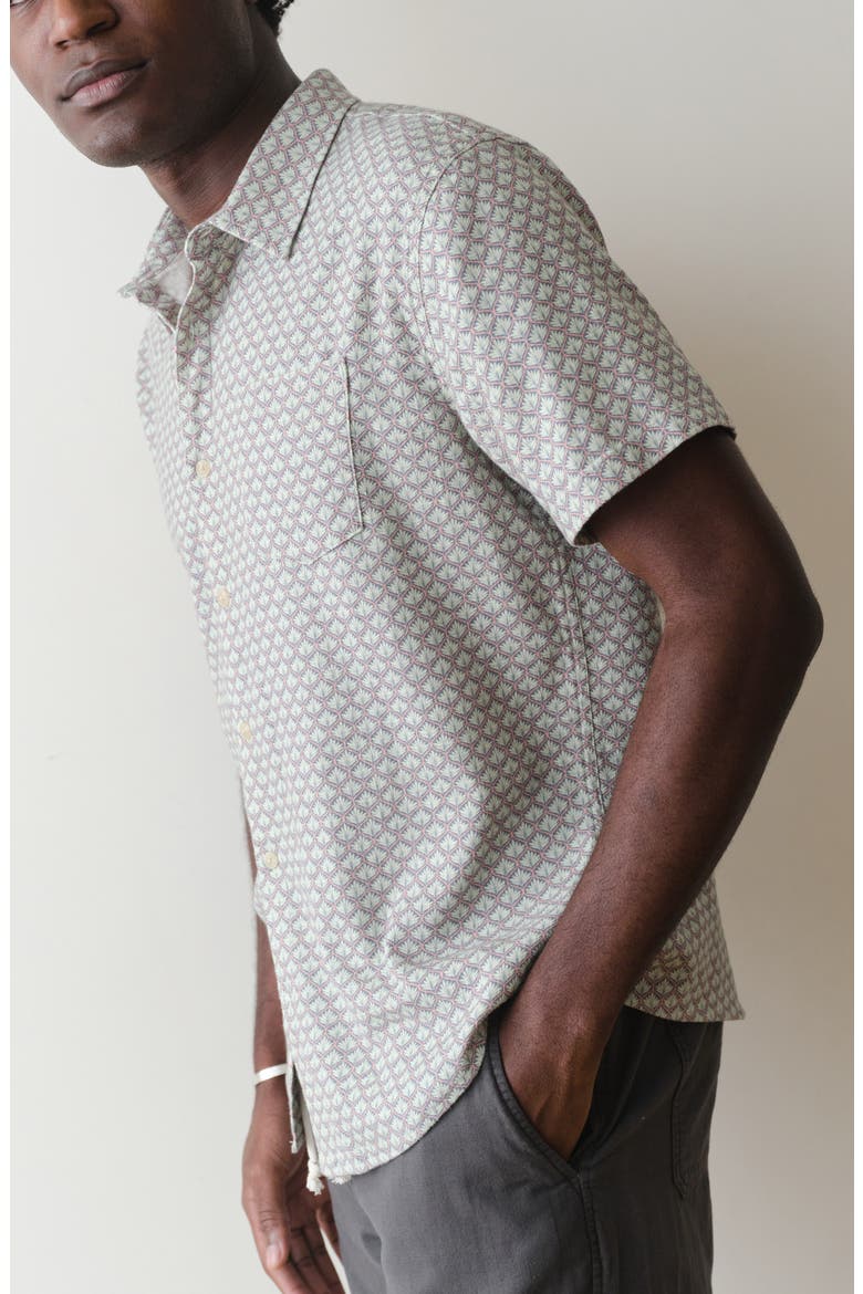 Classic Short Sleeve Stretch Cotton Selvage Button-Up Shirt, Alternate, color, LIGHT BLUE AGAVE PRINT