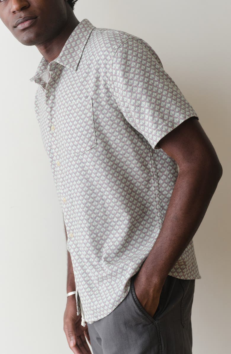 Marine Layer Classic Short Sleeve Stretch Cotton Selvage Button-Up Shirt, Alternate, color, Light Blue Agave Print
