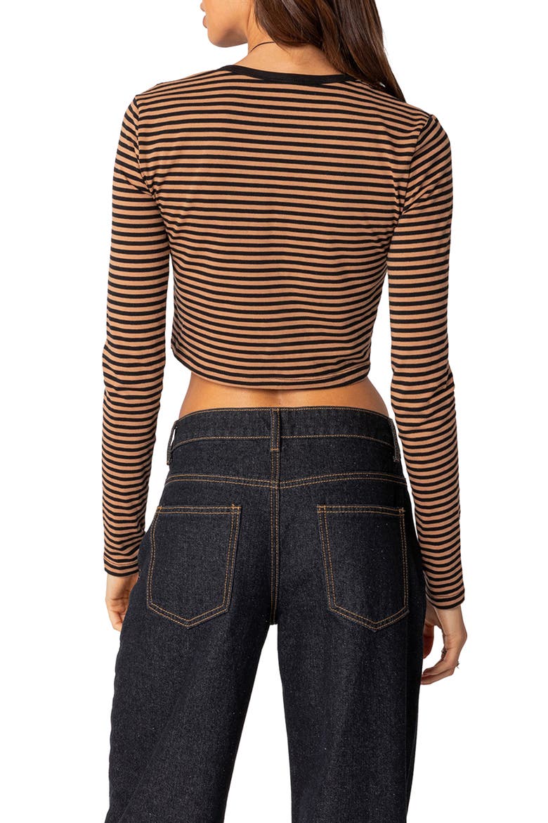Montie Stripe Long Sleeve Stretch Cotton Crop Top, Alternate, color, BROWN