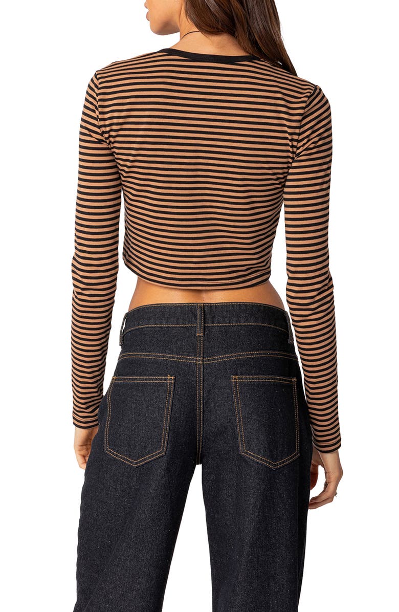 EDIKTED Montie Stripe Long Sleeve Stretch Cotton Crop Top, Alternate, color, Brown