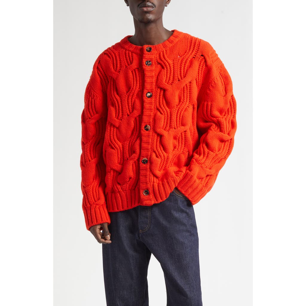 Bottega Veneta Twisted Cable Stitch Virgin Wool Cardigan In Red