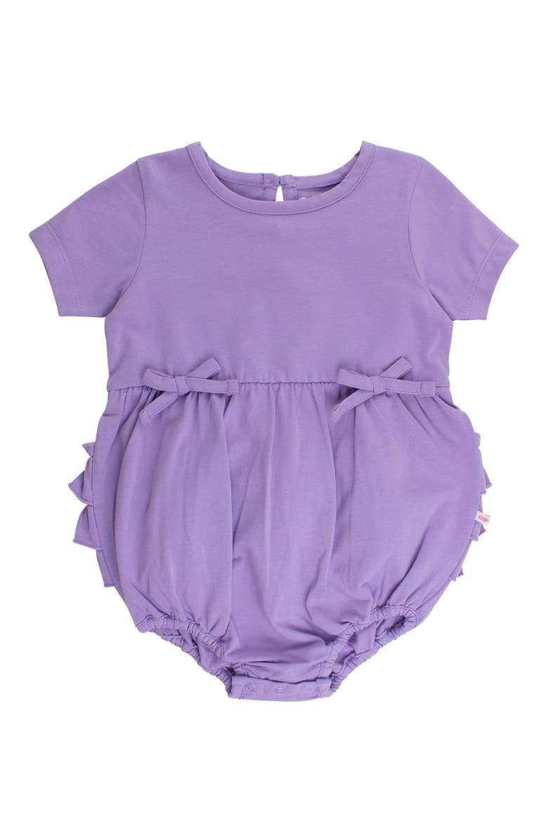RuffleButts Knit Short Sleeve Bow Bubble Romper, Main, color, Wisteria Purple