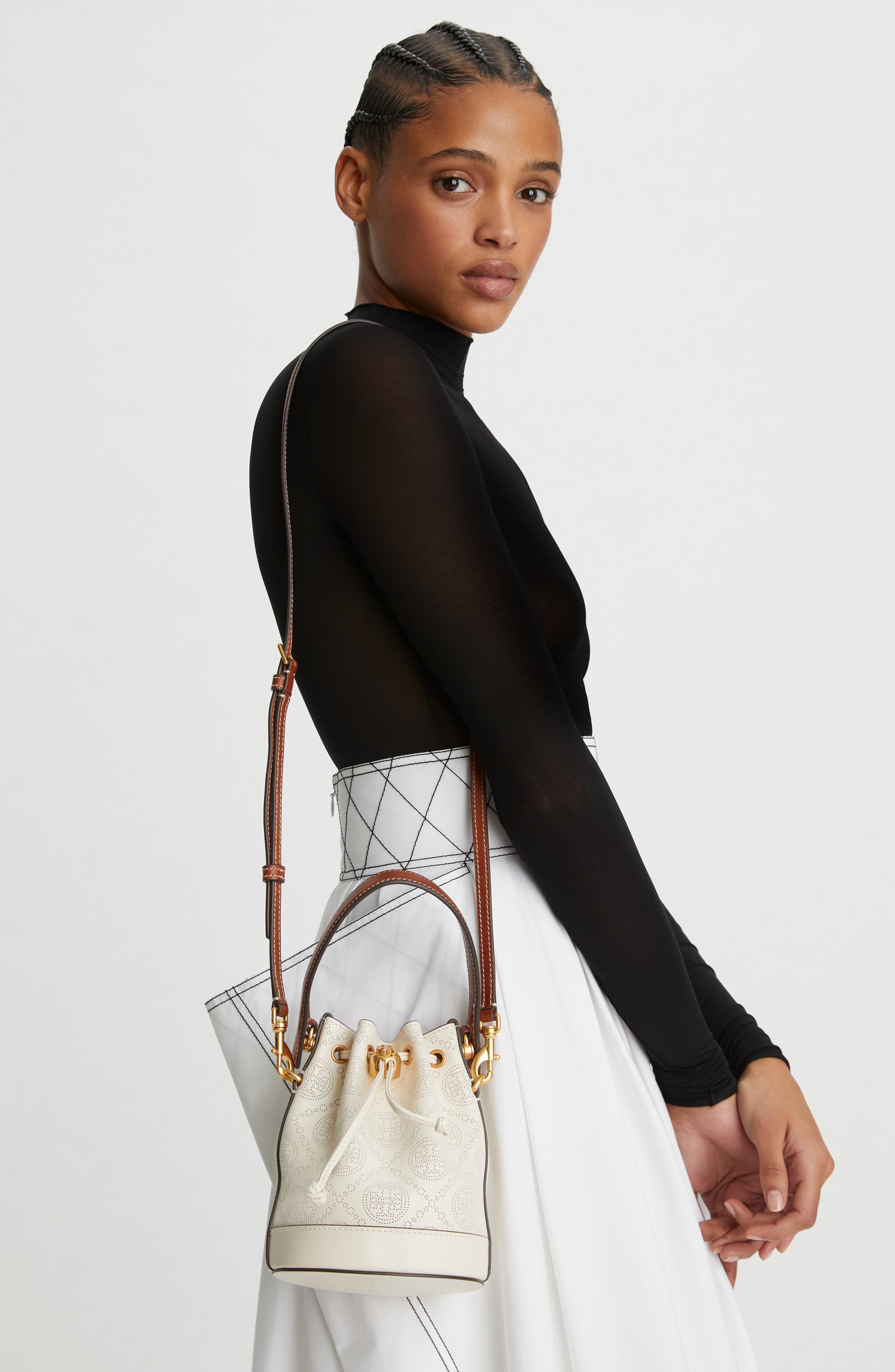 Tory Burch Mini T Monogram Perforated Leather Bucket Bag, Alternate, color, 