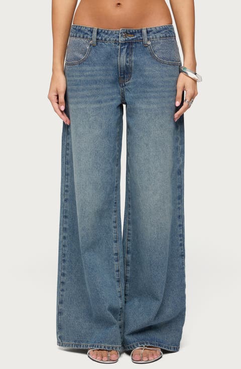 Rhinestone Low Rise Wide Leg Jeans