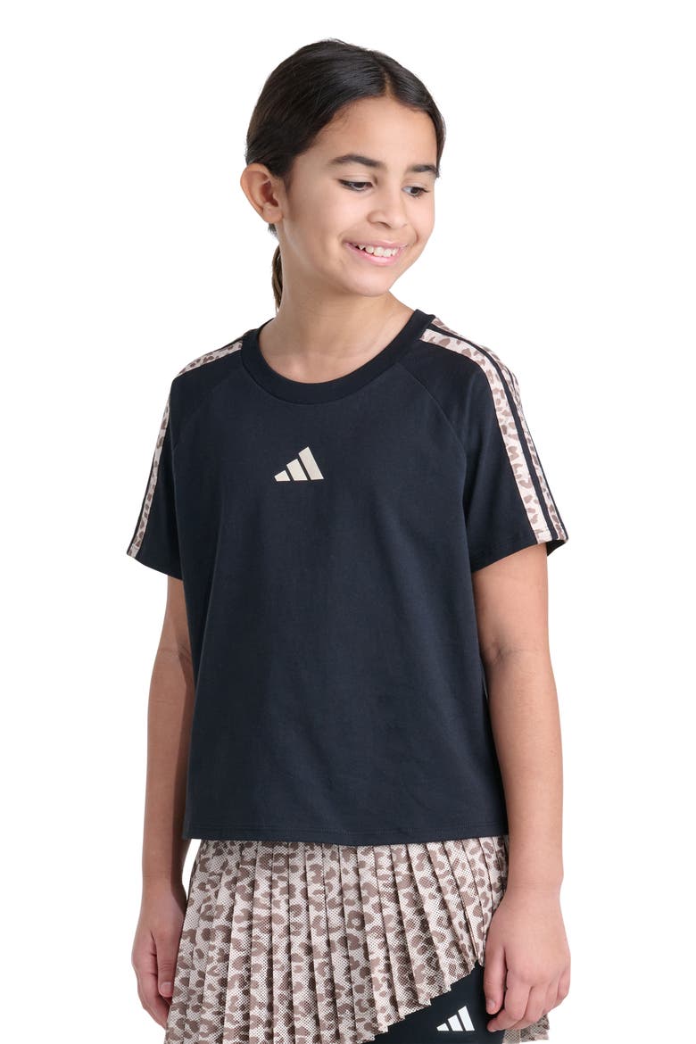 Kids' Leopard Print 3-Stripes Raglan T-Shirt, Main, color, BLACK