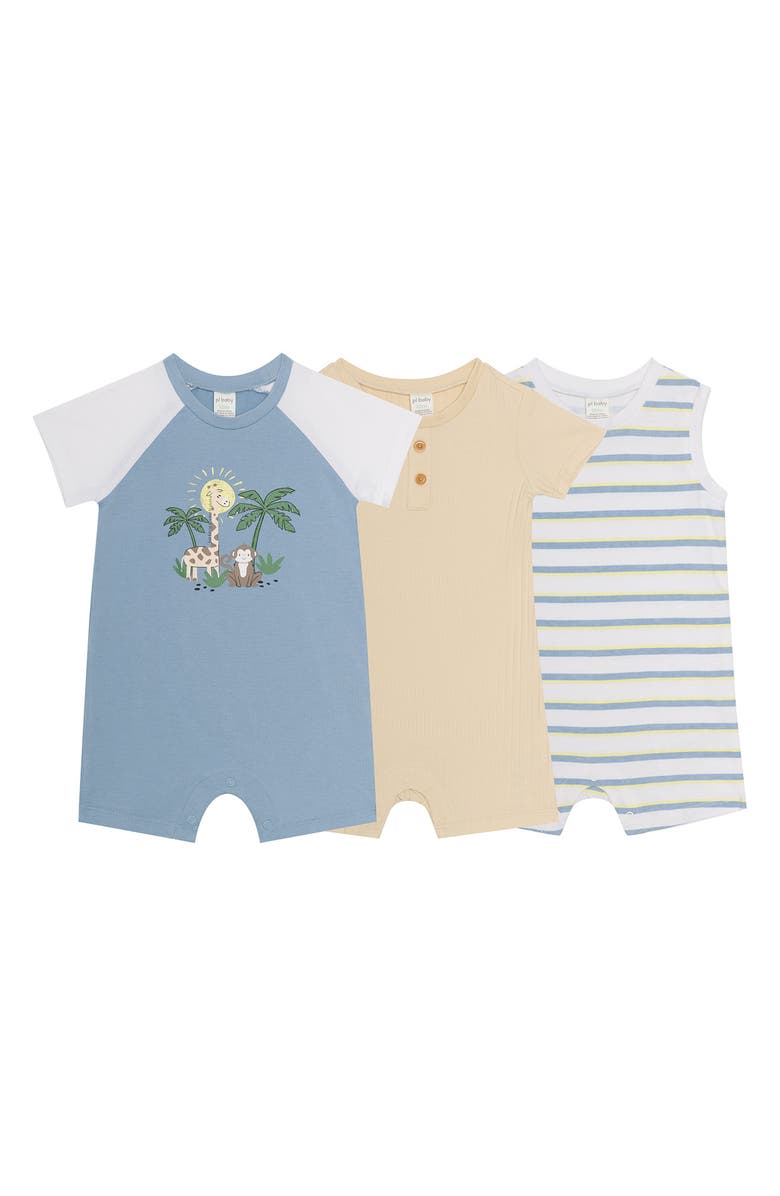 PL Baby by Petit Lem Assorted 3-Pack Safari Rompers, Main, color, Light Blue Safari