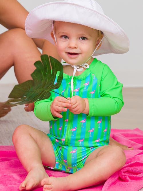 Ruggedbutts Boys Long Sleeve One Piece Rash Guard In Neon Flamingo Stripe