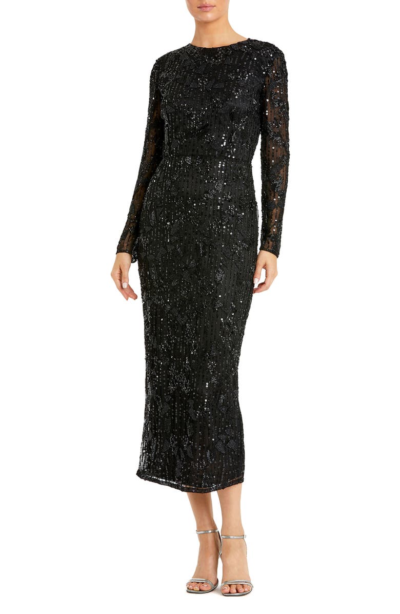 Mac Duggal High Neck Long Sleeve Embellished Dress, Main, color, Black