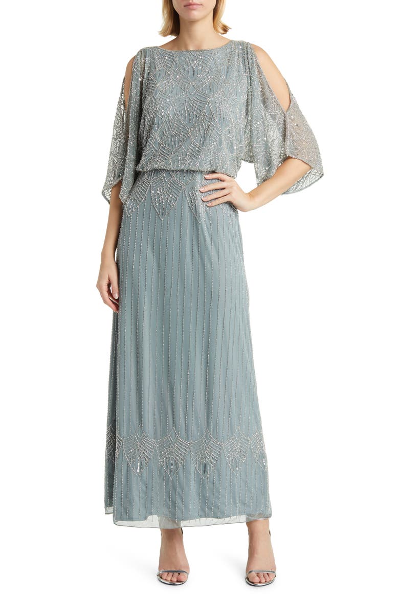 Beaded Cold Shoulder Blouson Cocktail Dress, Main, color, TEAL