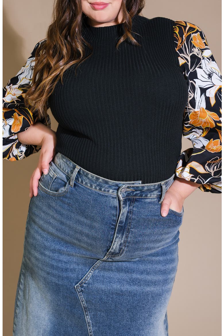 Floral Balloon Sleeve Mixed Media Sweater, Alternate, color, BLACK