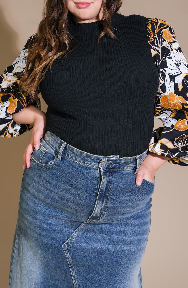 FLYING TOMATO Floral Balloon Sleeve Mixed Media Sweater, Alternate, color, Black