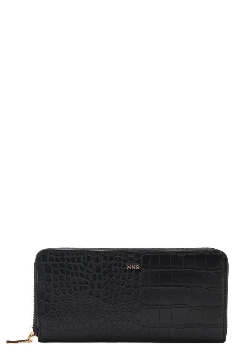 MANGO Croc Embossed Faux Leather Wallet, Main, color, Black
