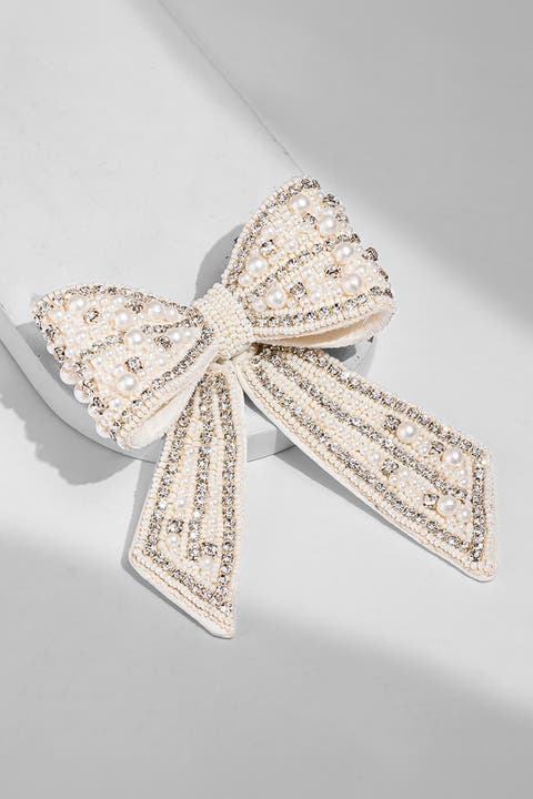 Embellished Crystal & Pearl Hair Bow Barrette Clip - Silver