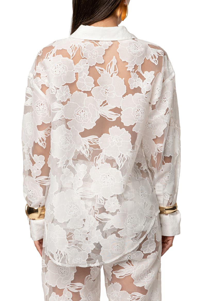 Embroidered Floral Cotton Blend Organza Button-Up Shirt, Alternate, color, IVORY