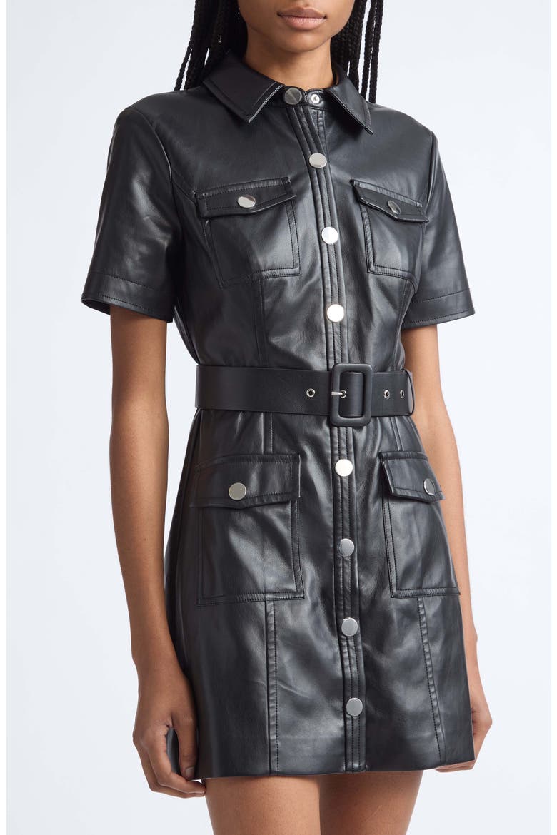 Lydia Faux Leather Snap Front Minidress, Alternate, color, JET