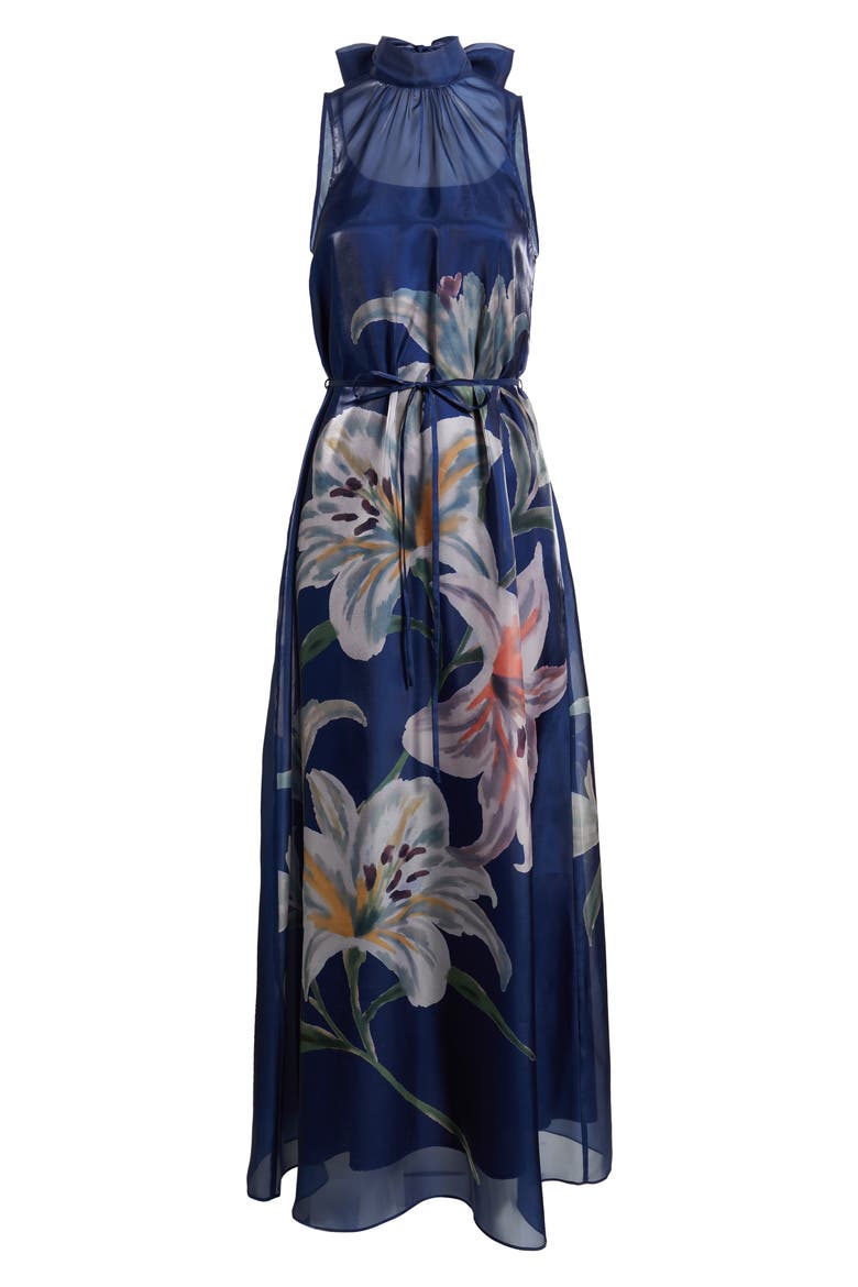 Printed Tie Neck Organza Cocktail Dress, Alternate, color, NAVY MULTI