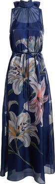Julia Jordan Printed Tie Neck Organza Cocktail Dress