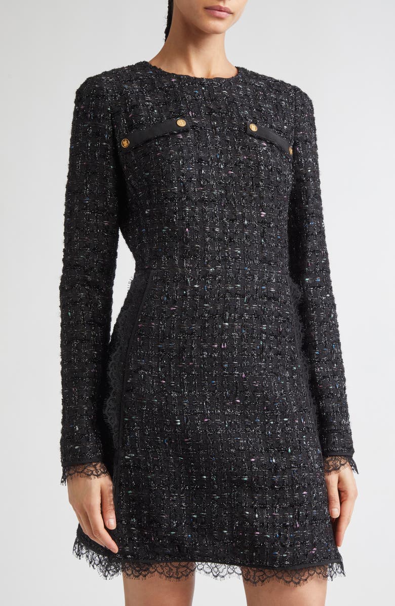 Giambattista Valli Lace Trim Long Sleeve Tweed Minidress, Alternate, color, Black