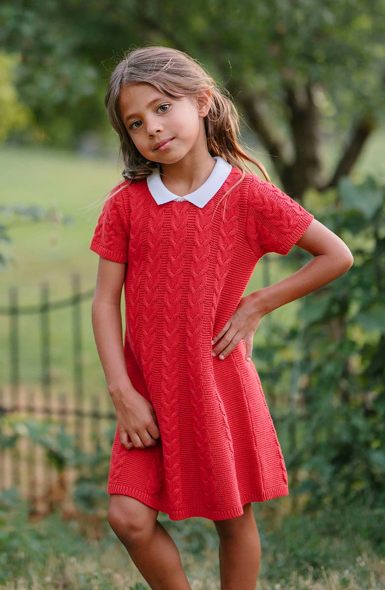 Hope & Henry Kids' Organic Short Sleeve Cable Sweater Dress with Collar, Alternate, color, Red Cable