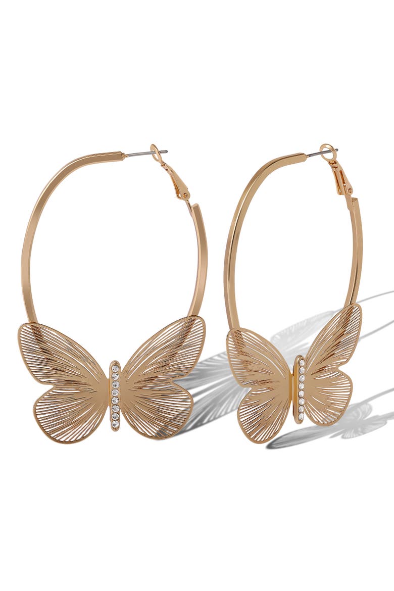 Butterfly Hoop Earrings with Clear Crystal, Alternate, color, Gold