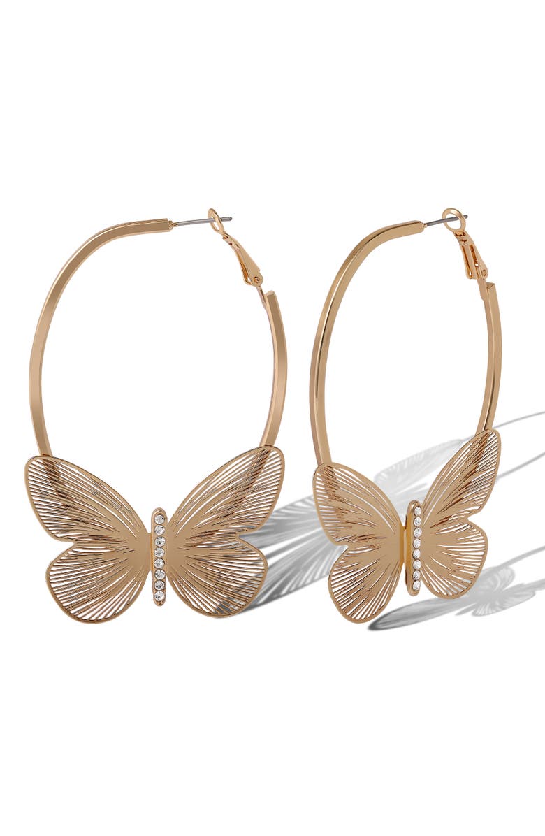 Jessica Simpson Butterfly Hoop Earrings with Clear Crystal, Alternate, color, Gold